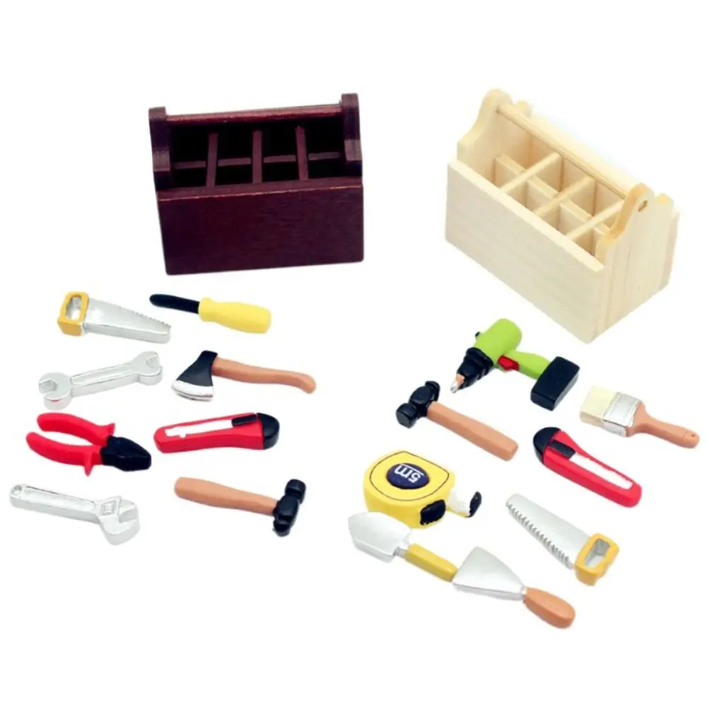 Trendy Wooden 1:12 Dollhouse Toolbox Mini Handmade Doll House Decor with Repair Tools Tools Sets Model for Boy