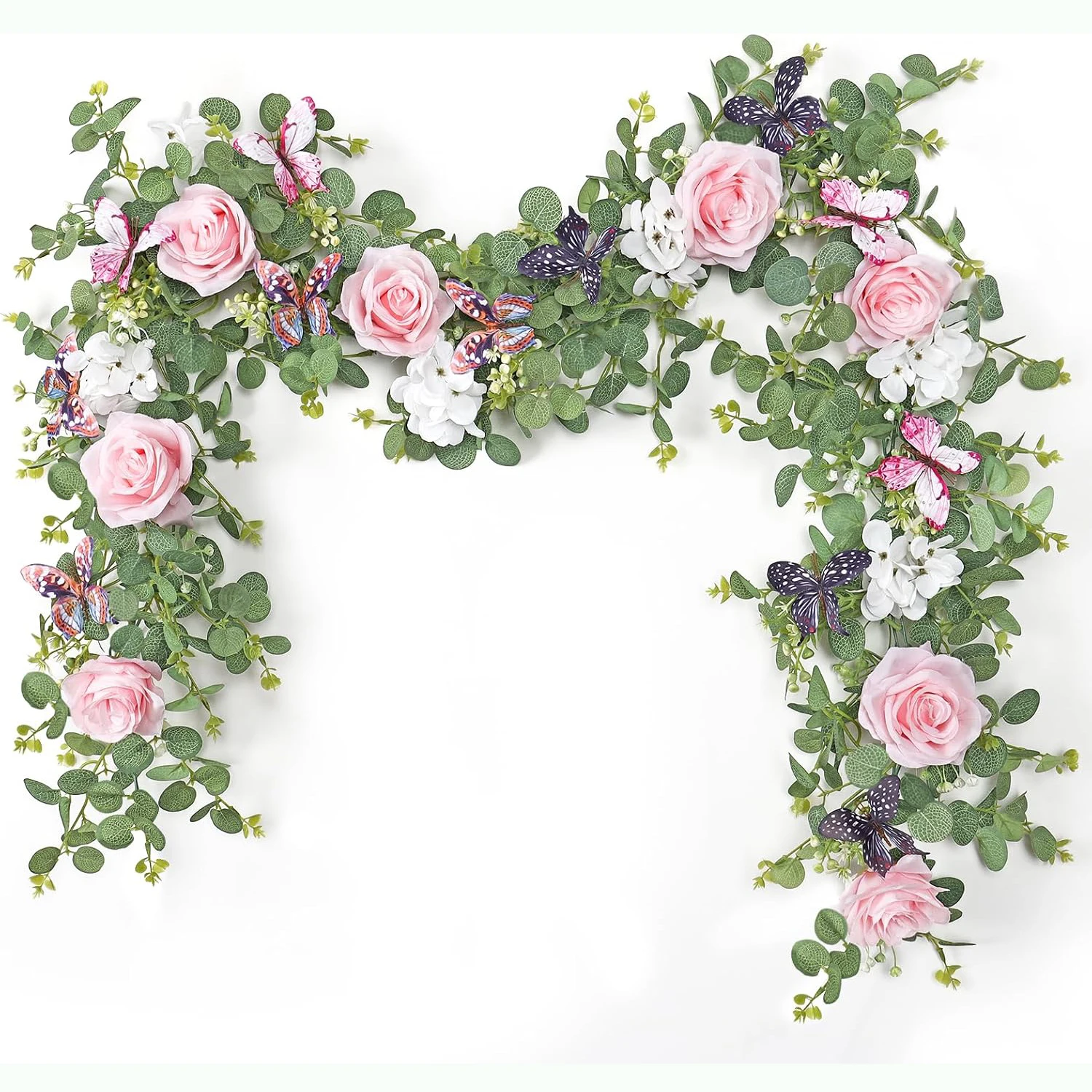 

Yannew 180cm Artificial Rose Flower Eucalyptus Garland with Butterfly Hanging Floral Vine for Wedding Party Table Backdrop Decor