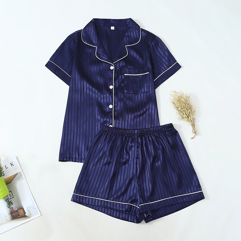 

2Pcs Blue Striped Cardigan Sleepwear Set Ladies Loose Comfortable Homewear Y2k Fashion Casual Summer Elegant Pajamas For Female