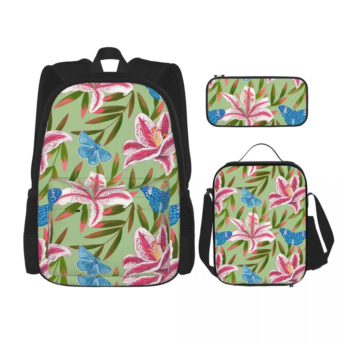 Dizzy Oriental Lily Floral Pattern With Blue Butterflies Backpacks Bookbag School Bag Rucksack Lunch Bag Pen Bag Three-Piece Set