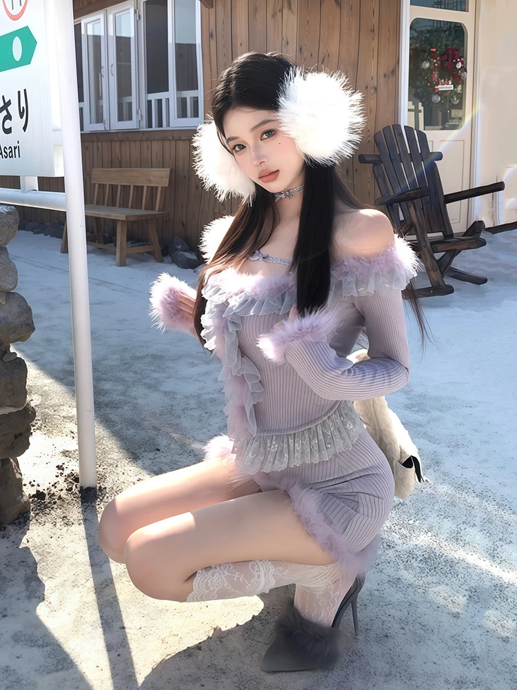 ReddaChic Lace Stitch Top Skirt Matching Set Rib Knit Furry Trim Long Sleeve T-shirt Bodycon Mini Skirt Winter Women Clothes