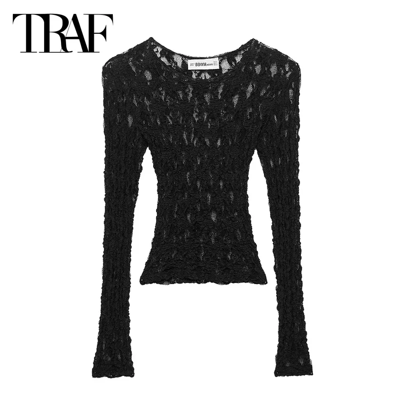 

TRAF Sexy Lace Tops 2025 Women's Spring Elegant Long Sleeve Cropped Top Fashion Casual Transparent Short Slim Pullover Tops