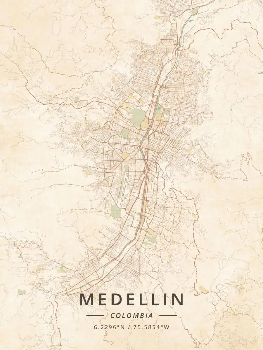 Medellin Colombia Vintage Map Poster  Nature  Travel Inspired Wall Decor Print for Home  Office Decoration