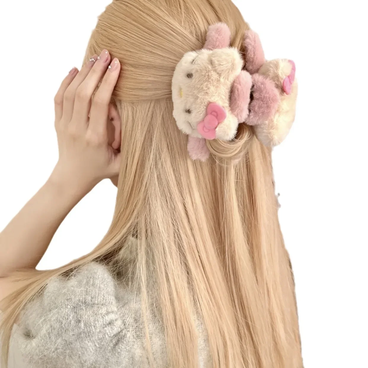 Hello Kitty New sweet girl double-sided kt bow plush scratch clip cartoon cute shark clip High-value hair clips hair accessorie image 4