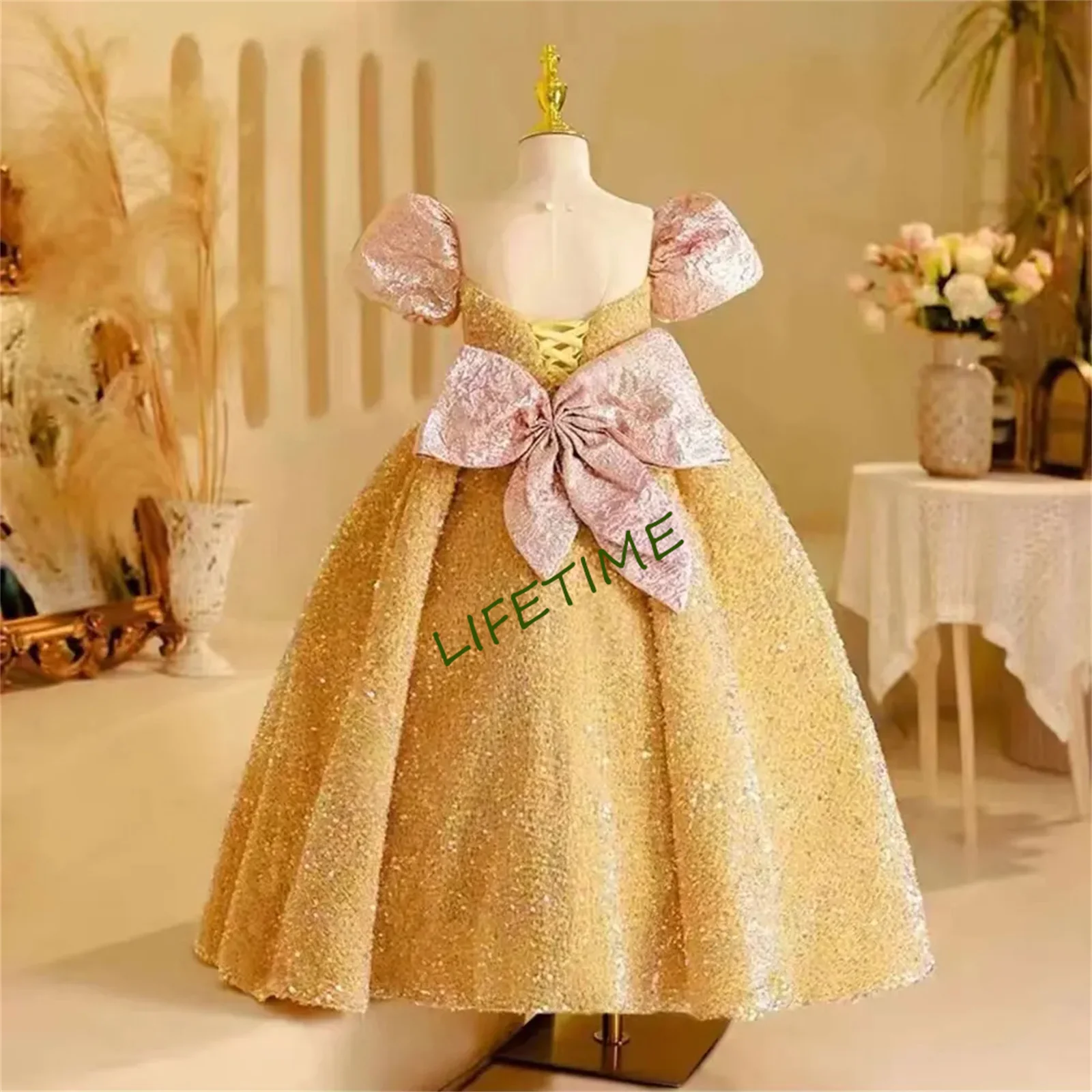 CustomizedSparkly Arabic Gold Girl Dress with Bow Dubai Kids Princess Birthday Wedding Party First Communion Ball Gown