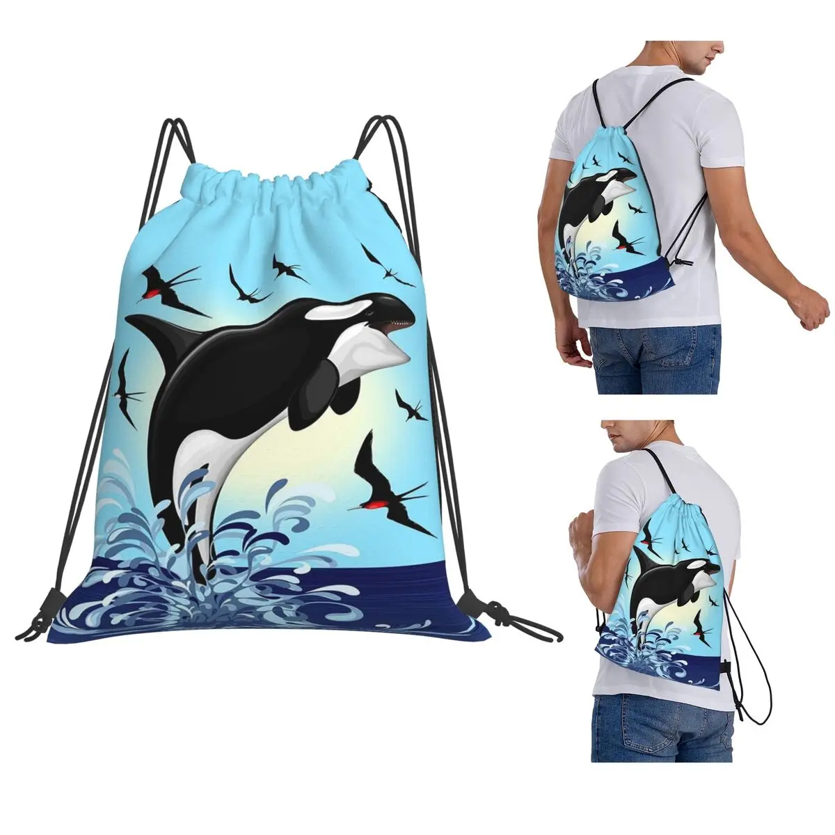 Orca Killer Whale Jumping Out The Ocean Backpacks Casual Drawstring Bags Sports Bag Book Bags for Travel School