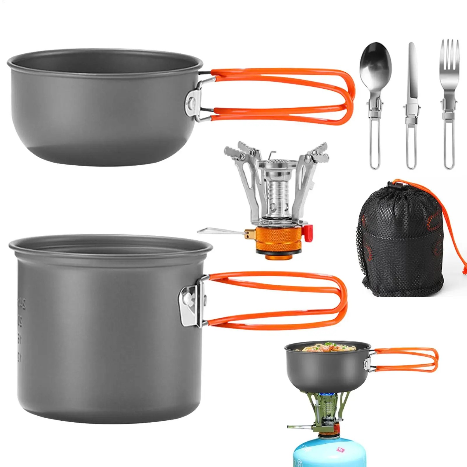 Juego de utensilios de cocina portátiles para acampar, olla para exteriores, Mini juegos de estufa de Gas, juego de cocina para Picnic y caminata natural con cuchara plegable, tenedor y cuchillo