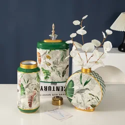 Ceramic Storage Jar Jungle Pattern Flower Vase Shogun Jar Porcelain Storage Tank Oval Can Home Decoration Accessories
