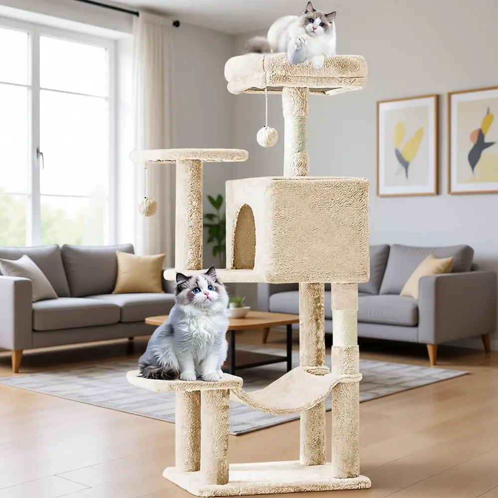 

44-дюймовая башня-когтеточка для кошек, маленькая лазательная башня с домиком, натуральные сизалевые столбики для царапания, расширенная платформа, гамак, домик для питомца