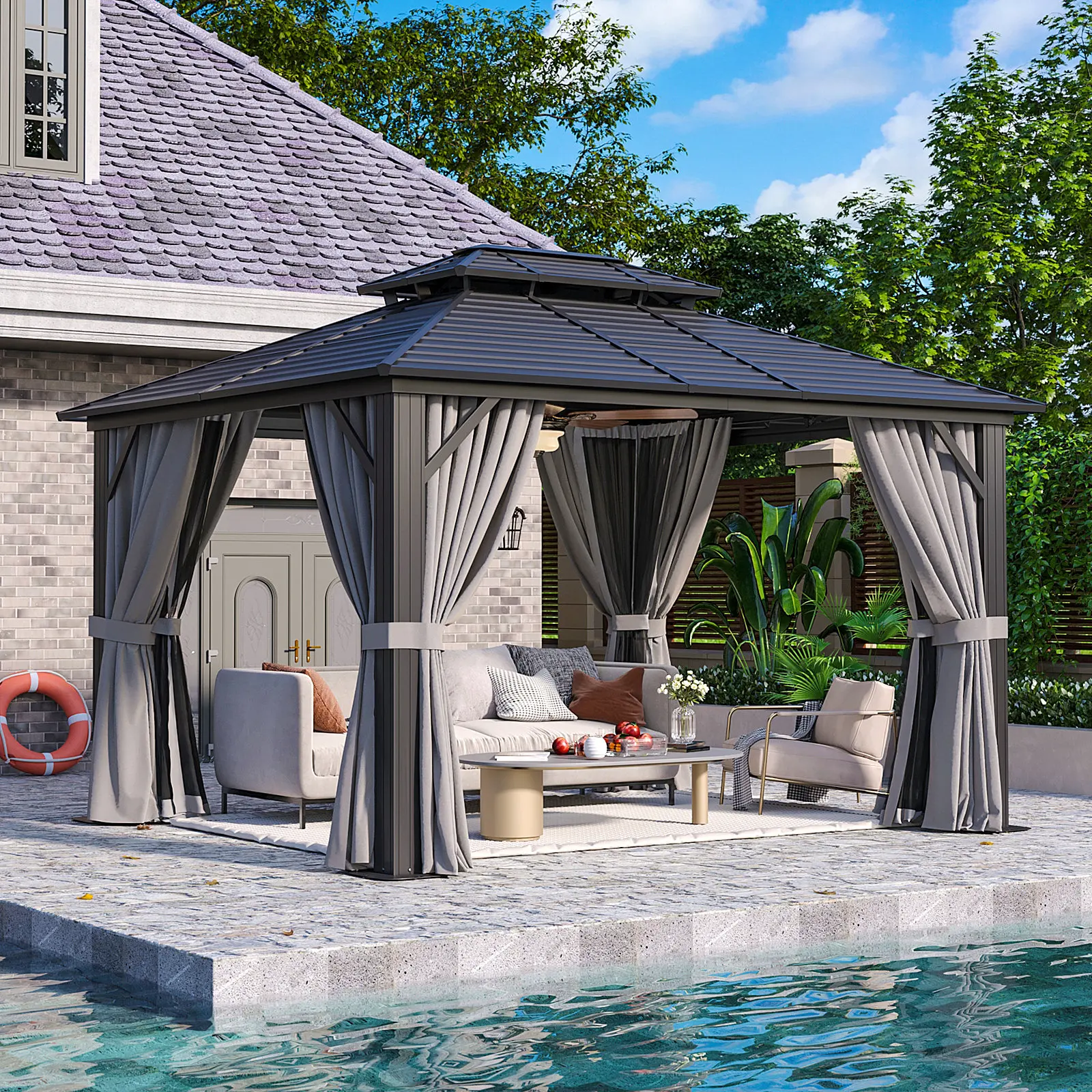 AOXUN 12ft x 10ft Metal Gazebo Rectangle Gray Metal Steel Roof Gazebo