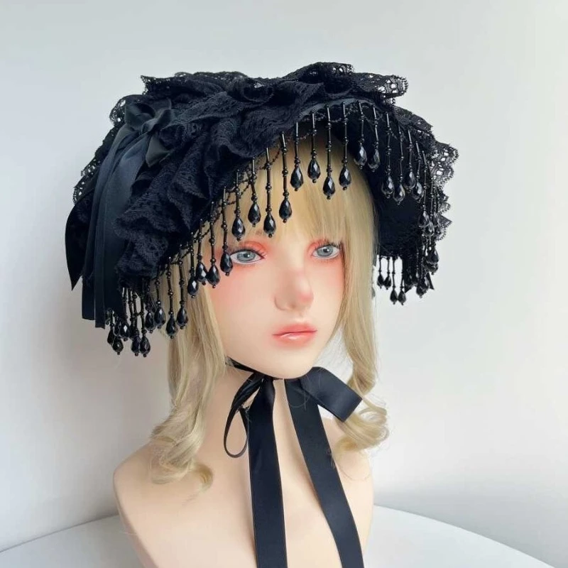 Girls Women Victorian Lolita Flat Bonnet Cap with Black Bead Tassel Gothic Tea Party Sun Hat Lace Bows Flower Black Headdress