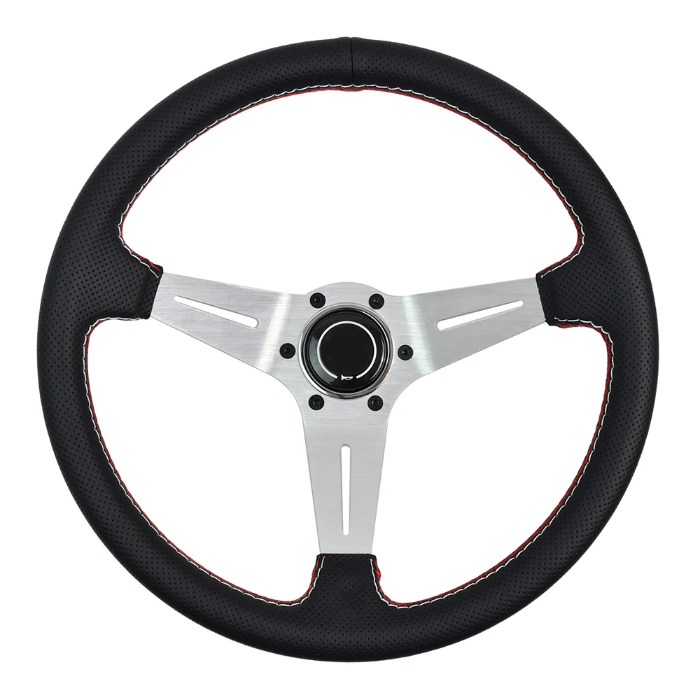 

340mm Microfiber Perforated Leather Universal Steering Wheel Deep Concave Drift Sport Steering Wheel with Red and White Stitched