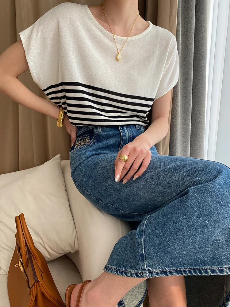 Women Black Striped Print Color-block Big Size T-shirt New Round Neck Short Sleeve Fashion Tide Spring Summer 2023  H343