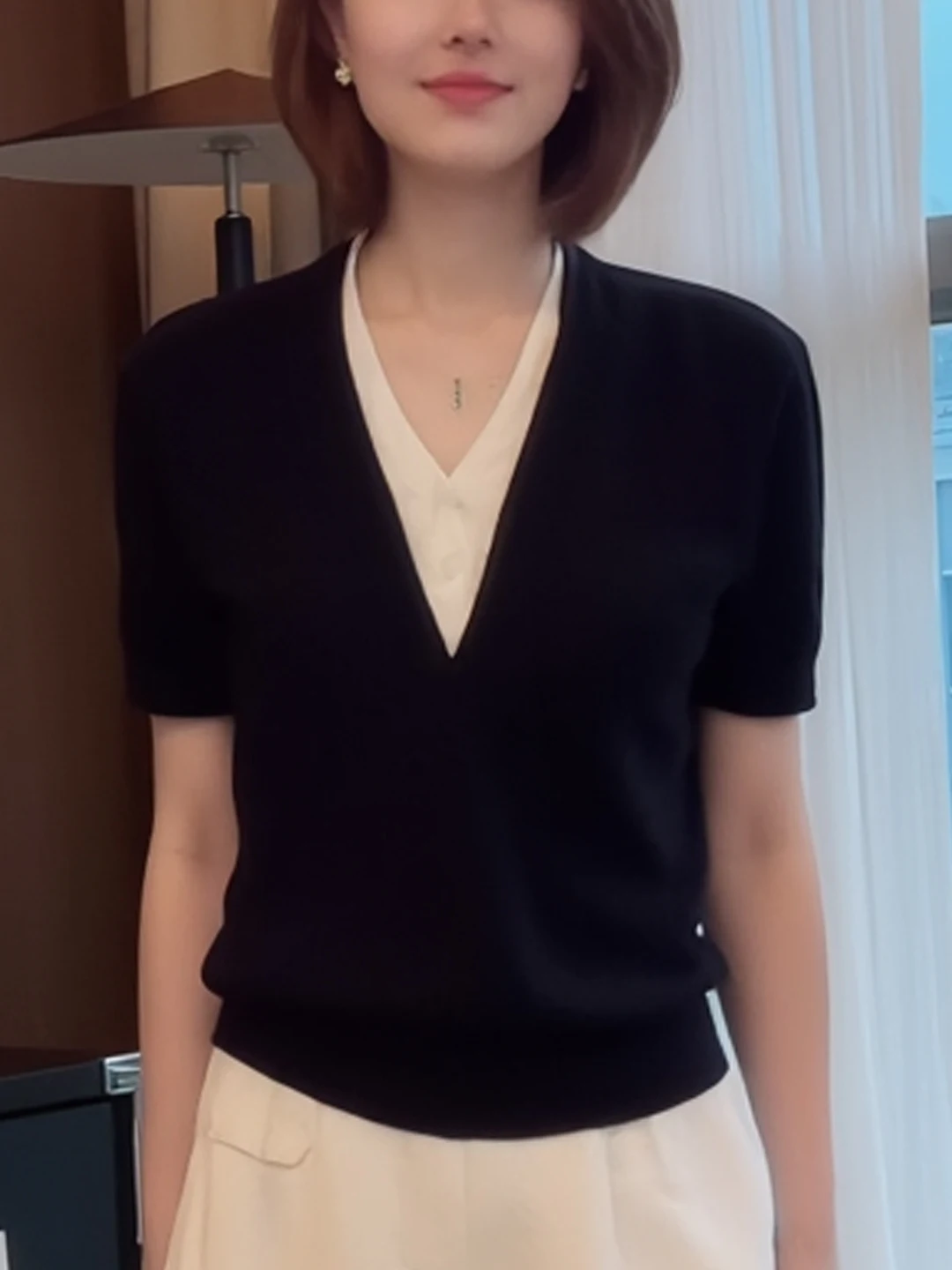 

Slimming Casual ort Sve T-irt Fake Two-Piece Simple Korean Sle Versatile Top for Women Summer New Arrival