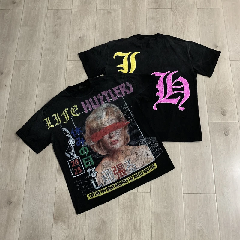 New High Quality Cotton Casual Loose Round Neck Life Hustlers Short Sleeved Tops Street Fashion Brand Figure Print T-shirt