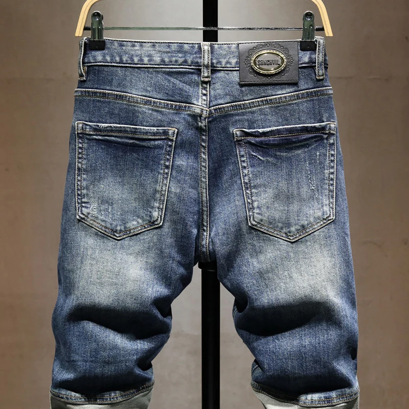 Street Designer Fashion Men Jeans Retro Blue Spliced Slim Fit Stretch Ripped Jeans Men Y2K Patched Hip Hop Vintage Denim Pants