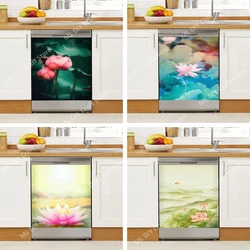 Lotus Flower Dishwasher Sticker Decor Door Cover,White and Gold Floral Picture Sticker Decal Refrigerator Magnets for Adults