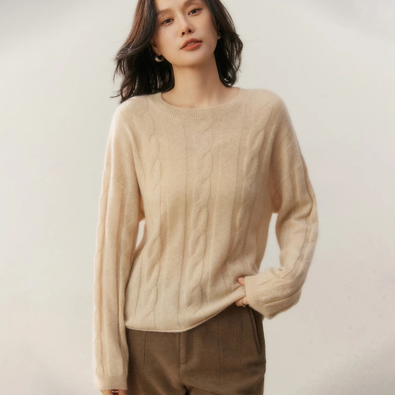 

Autumn/Winter Women's 100% Cashmere Pullover Casual Solid Knit Sweater Loose Fried Dough Twists Round Neck Tops Thick Jumper