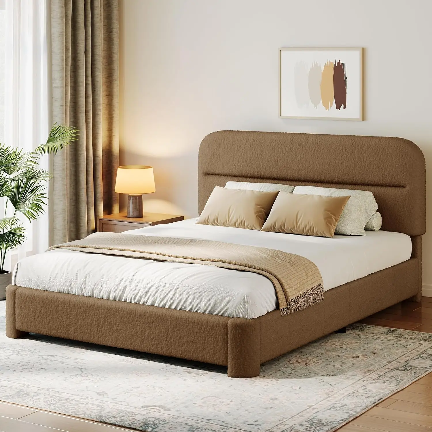 Full Size Upholstered Bed Frame Brown Cloud Boucle with Headboard, Customized