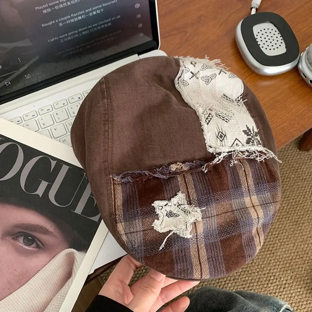 Трендовый винтажный берет в клетку со звездами, американская универсальная кепка газетчика, коричневая кепка художника Y2k, пряная кепка для девочек