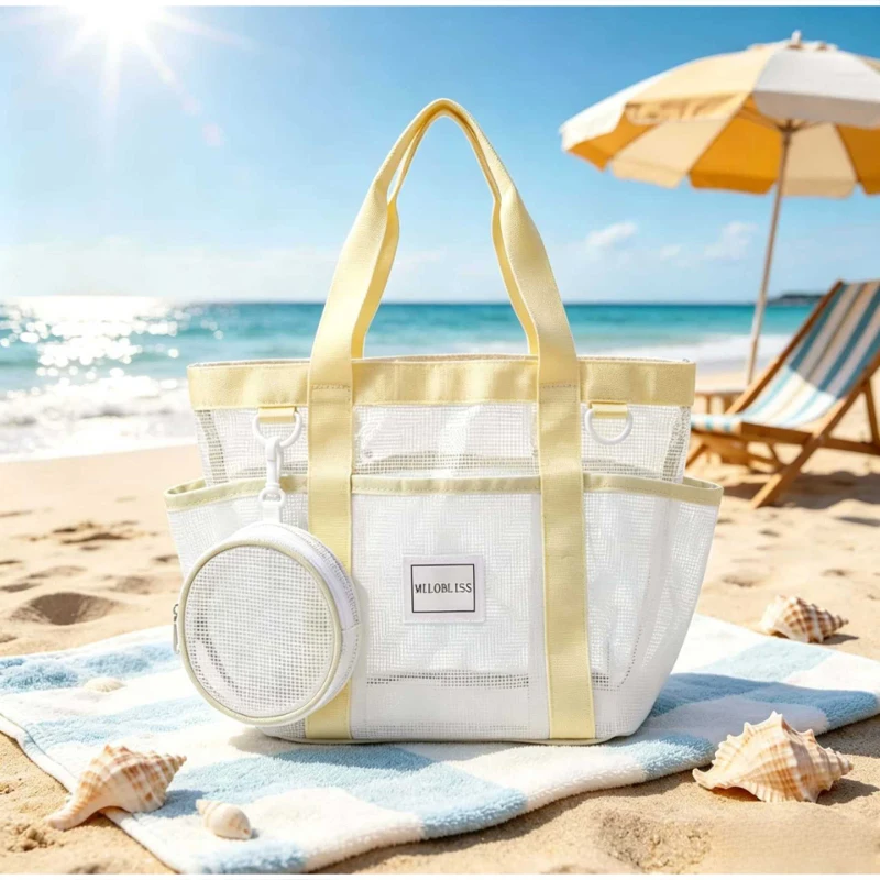 Strand-Schwimmtasche, Trocken-Nass-Trennung, wasserdichte transparente Sporttasche aus Netzstoff für Damen, leichte Handtasche mit großem Fassungsvermögen für Herren – Detail 14