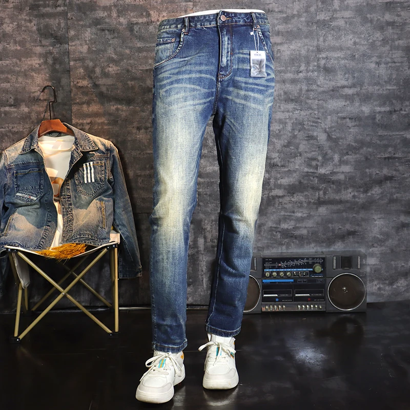 Men Washed Blue Faded Jeans, Stretch Slim Fit Vintage Distressed Long Denim Jeanshombre