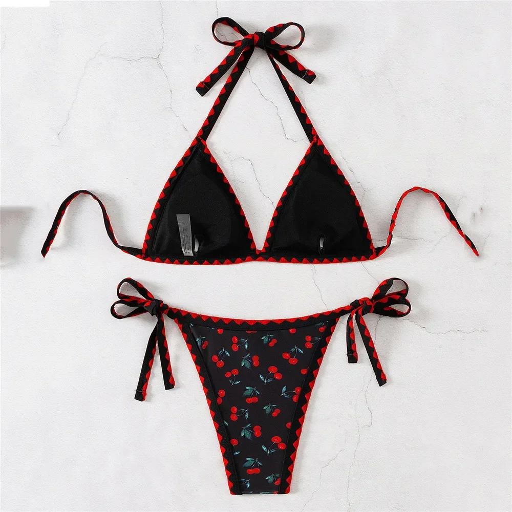 Women\'s Sexy Cherry Floral Print Swimwear Triangle Halter String Bikinis Sets High Cut Bathing Suit Bikini 2024 Mujer beachwear