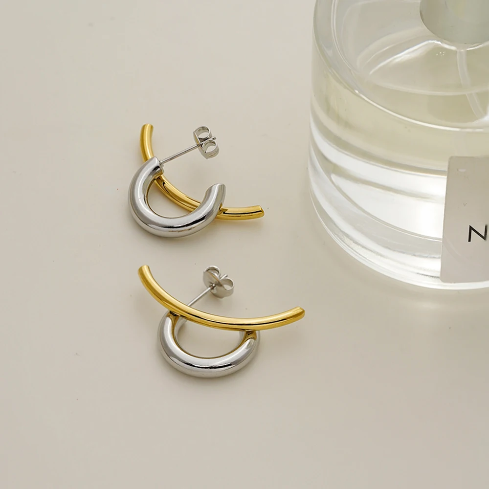 Two-Tone C-Shaped Bent Bar Stud Earrings for Women - 18K Gold Plated