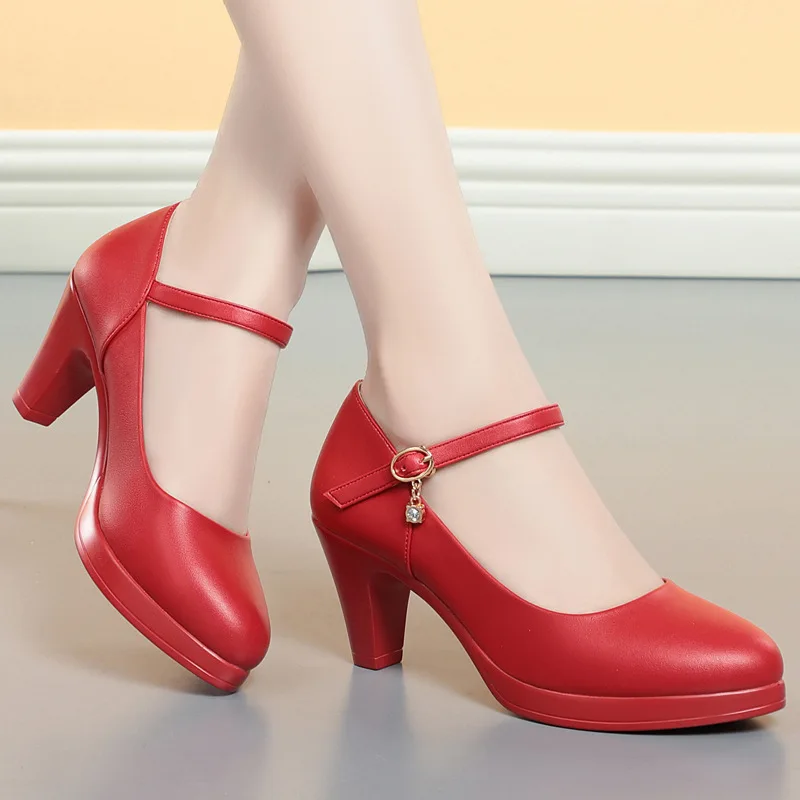 6.5cm Breathable Fashion Soft Leather Silver Red Wedding Shoes Woman Med Block Heels 2024 Platform Pumps Women for Office Mom