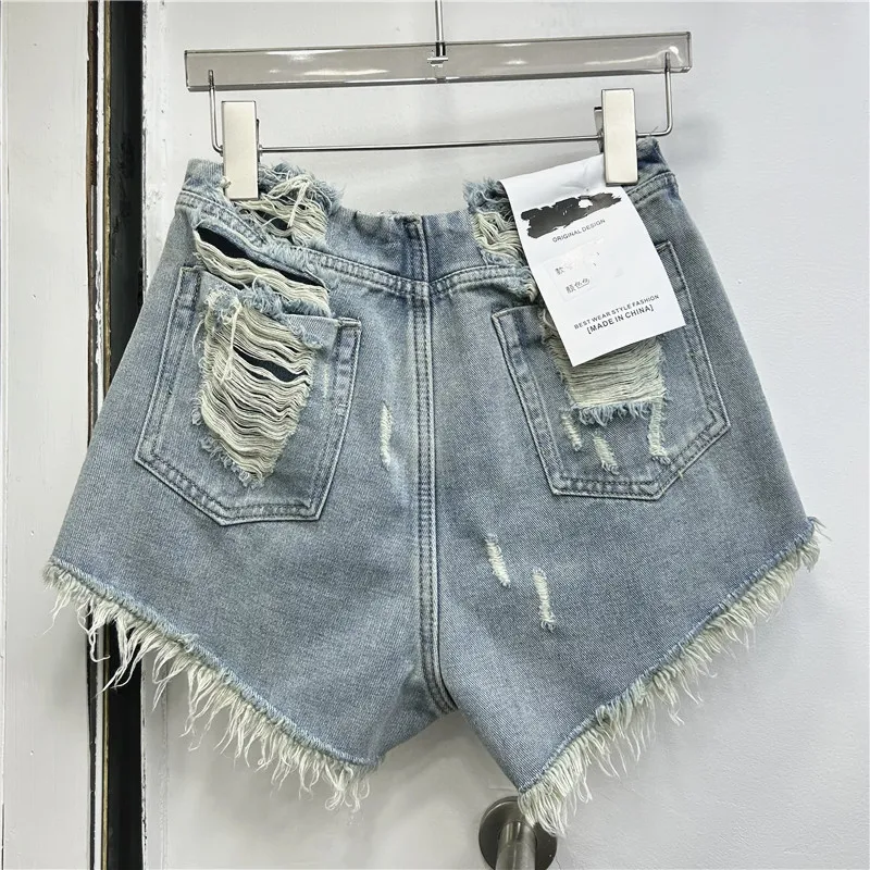 Summer Ultra Short Denim Hot Pants Female 2024 New Handmade Blue Worn Brushed Slimming Headless Frayed Fringe Jean Shorts