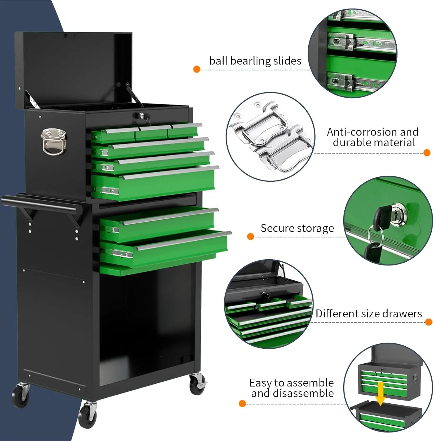 Rolling Tool Box, Lockable Rolling Tool Chest with Wheels and Drawers, 2 in 1 Large Capacity Storage Tool Cabinet for Garage, Wa