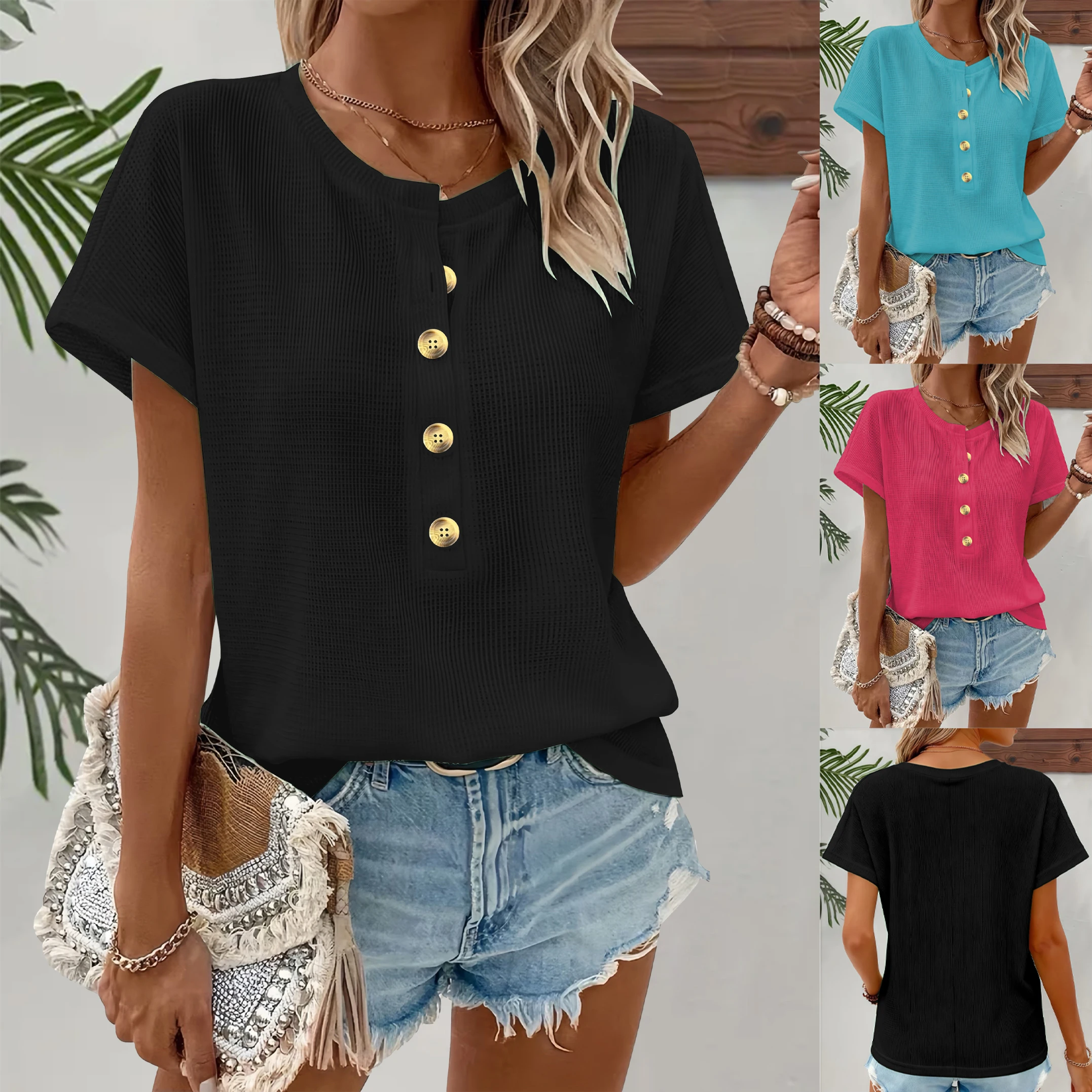 

Элегантная однотонная женская футболка с короткими рукавами размера «летучая мышь», свободный топ с круглым вырезом и пуговицами на весну и лето