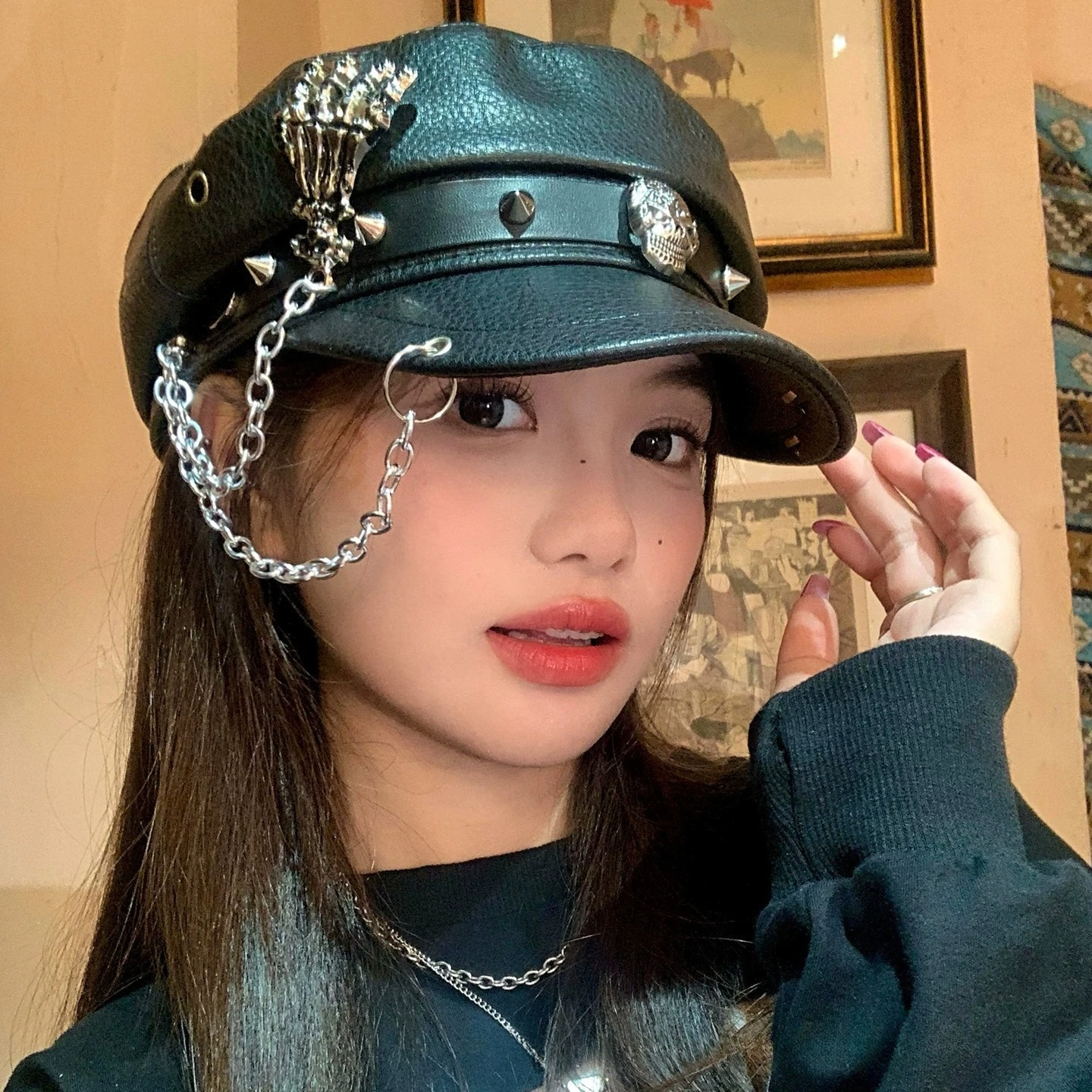 فاسق النمط البريطاني القبعات الإناث بولي Leather الجلود قبعة عادية الجمجمة قارب مرساة سلسلة ربط برشام Harajuku القوطية لوليتا قبعات مثمنة #3