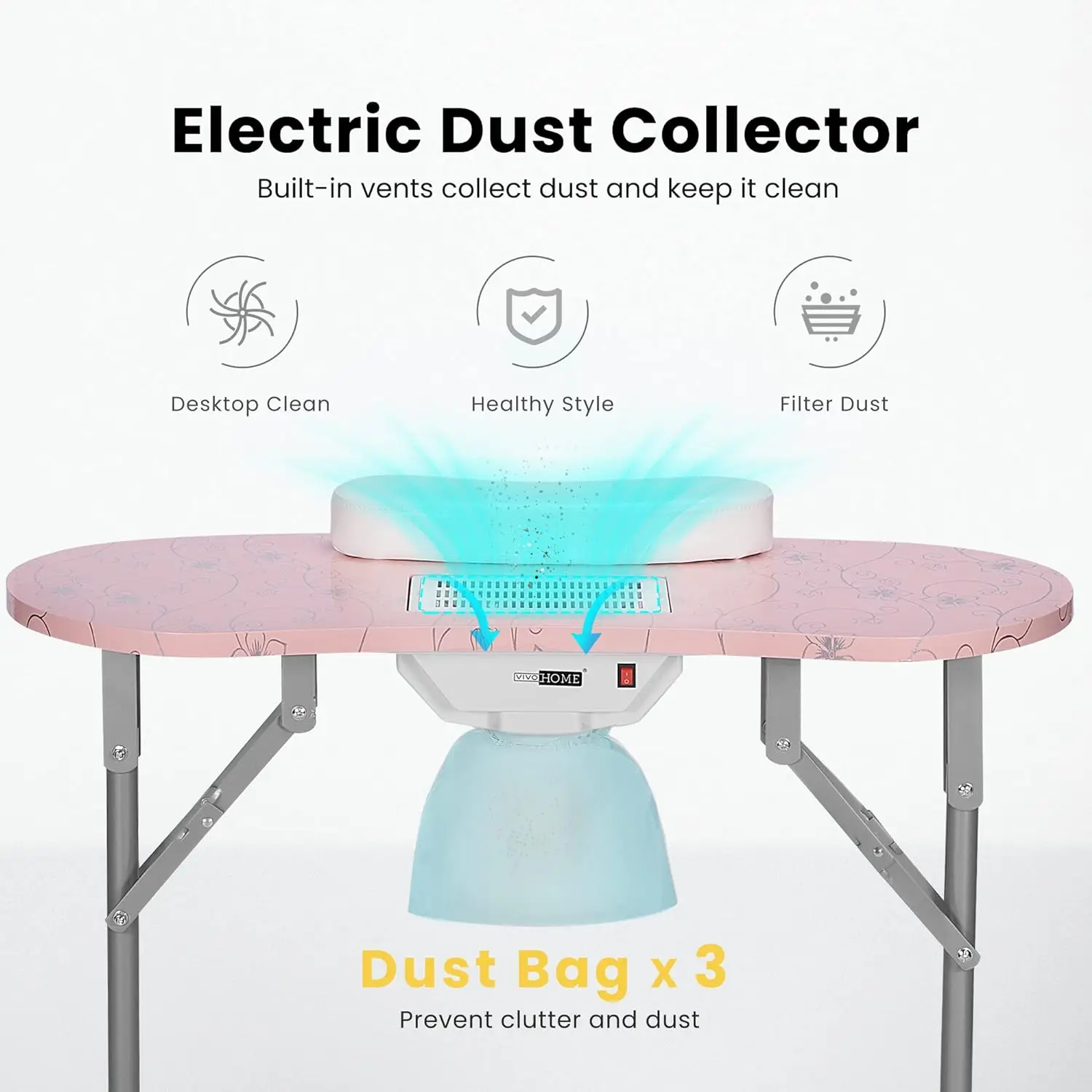 Portable Manicure Nail Table on Wheels with Built-in Dust Collector, Updated USB-Plug LED Table Lamp
