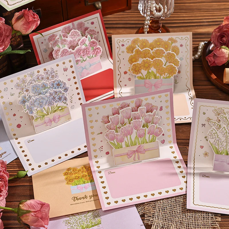

10Pcs Pop-Up 3d Tulips Roses Sunflowers Bouquet Greeting Card Postcard Mother'S Day Blessings Creative Card Gift For Mother