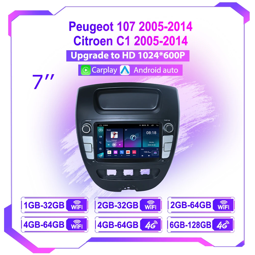 Android Radio 7 Style originale per auto con pulsanti per Peugeot 107 Citroen C1 2005-2014 Lettore video multimediale Carplay wireless