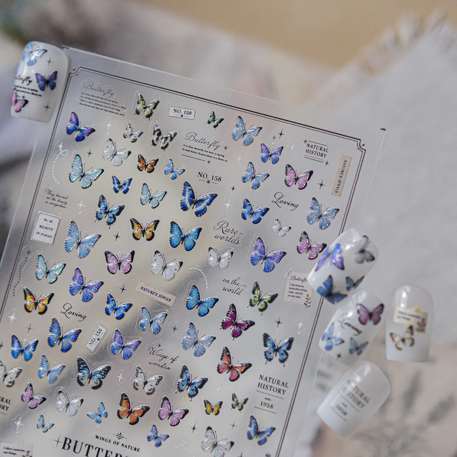 Retro Butterfly 5D Nail Sticker Multicolor Butterfly Dancing Blue Purple Red Green English Letter Frame Self Adhesive Nail Decal