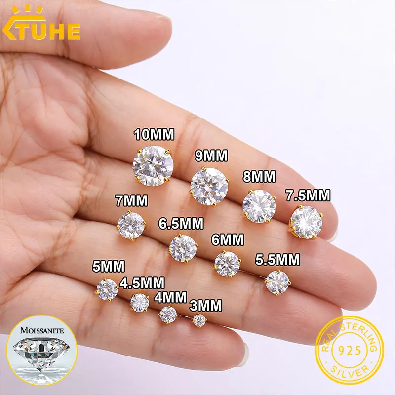 TUHE unisex klasyczny okrągły kolczyk Moissanite dla kobiet biżuteria 5 MM/6 MM/7/MM srebro 925 modne kolczyki damskie prezent