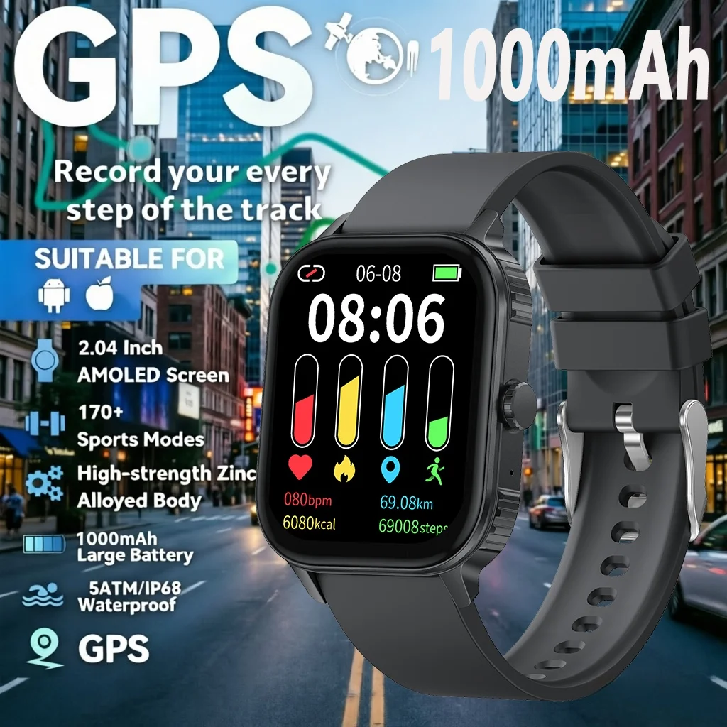 

Новые смарт-часы 2026 года с GPS, Bluetooth-звонками, HD-экраном 2.04'', отслеживанием пульса, водонепроницаемые, 100+ спортивных режимов, 1000 мАч, для iOS и Android, для мужчин и женщин