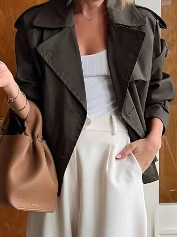 KONDALA سترات نسائية أنيقة غير رسمية عتيقة الصلبة مزدوجة الصدر بدوره إلى أسفل طوق كم طويل معطف قصير موضة 2025 معطف الخريف #5