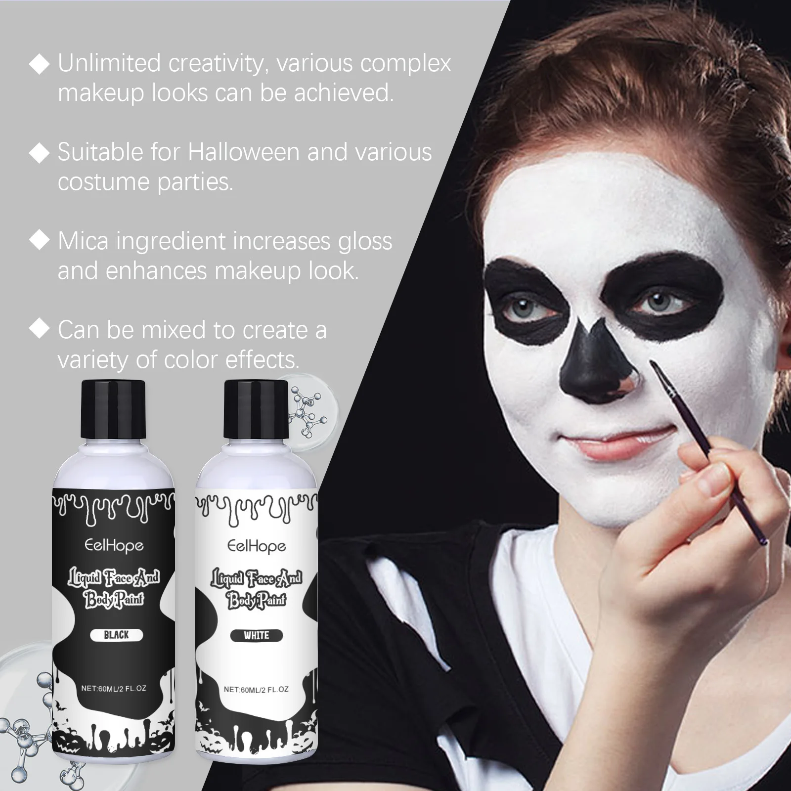 حفلة الهالوين طلاء الوجه أسود أبيض مهرج تأثيري فستان حفلة تنكرية تغطية كاملة الأساس الملونة هيئة الفن الجمال ماكياج