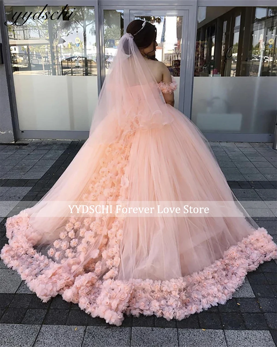 Vestido De Novia romántico De color rosa claro con apliques De flores en 3D, vestido De Novia De princesa con hombros descubiertos, Vestidos De Novia hinchados 2023