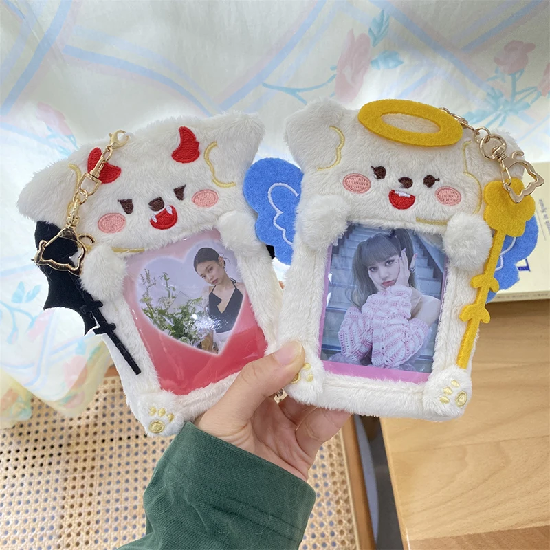 INS Devil Angel Plush Photocard Holder 3 Inch Cartoon Ins Card Holder Photo Protector Card Sleeve Cover Keychain Bag Pendant