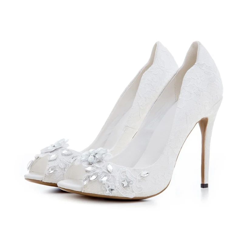 

Bling Star rhinestone white floral lace wedding Pumps Woman lace flower peep Toe shoes Thin high Heels Bride Shoes Party heels