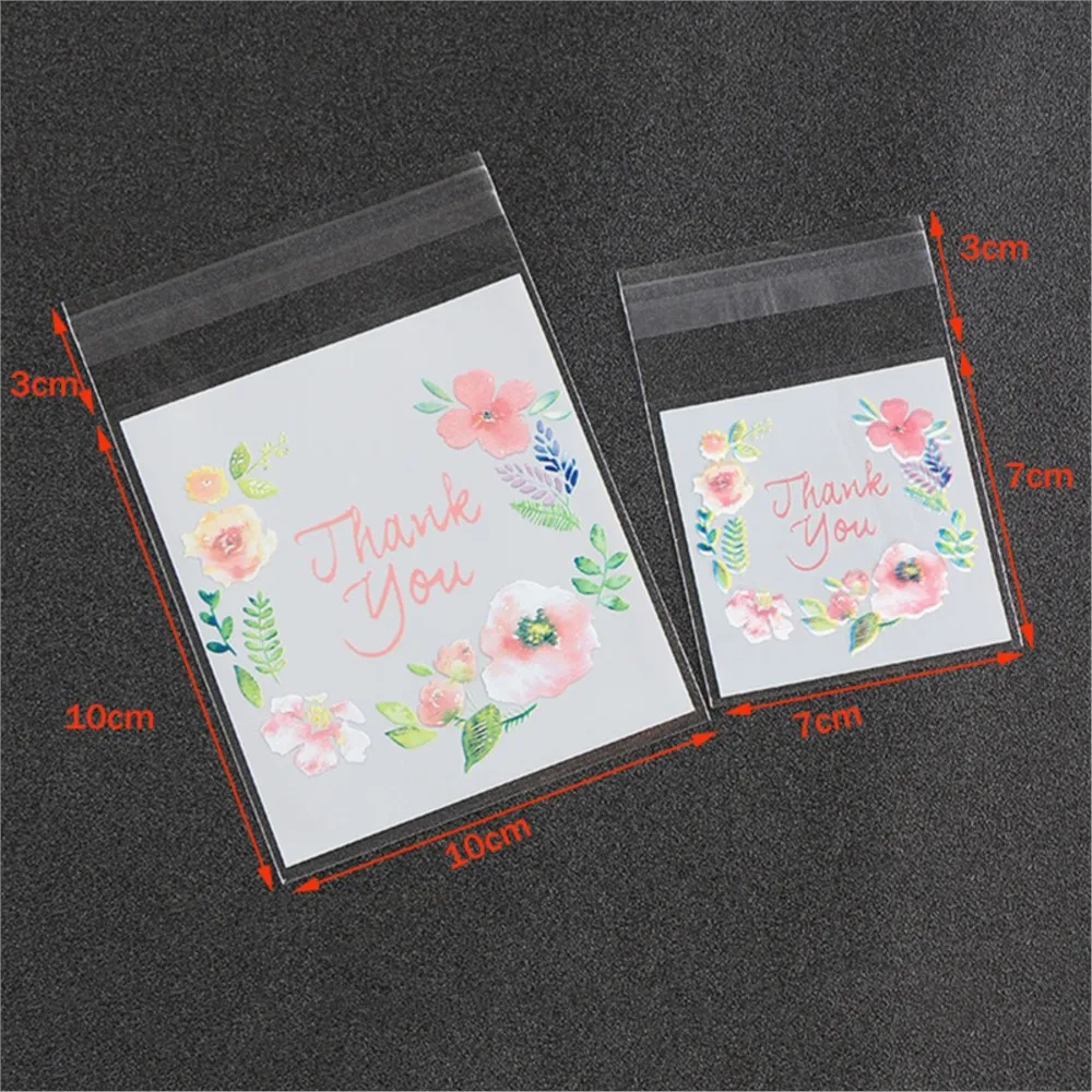 100pcs Thank You Printed Plastic Bags Pink Flower OPP Self Adhesive Cookie Mini Candy Jewelry Packaging Biscuit DIY Gift Favor