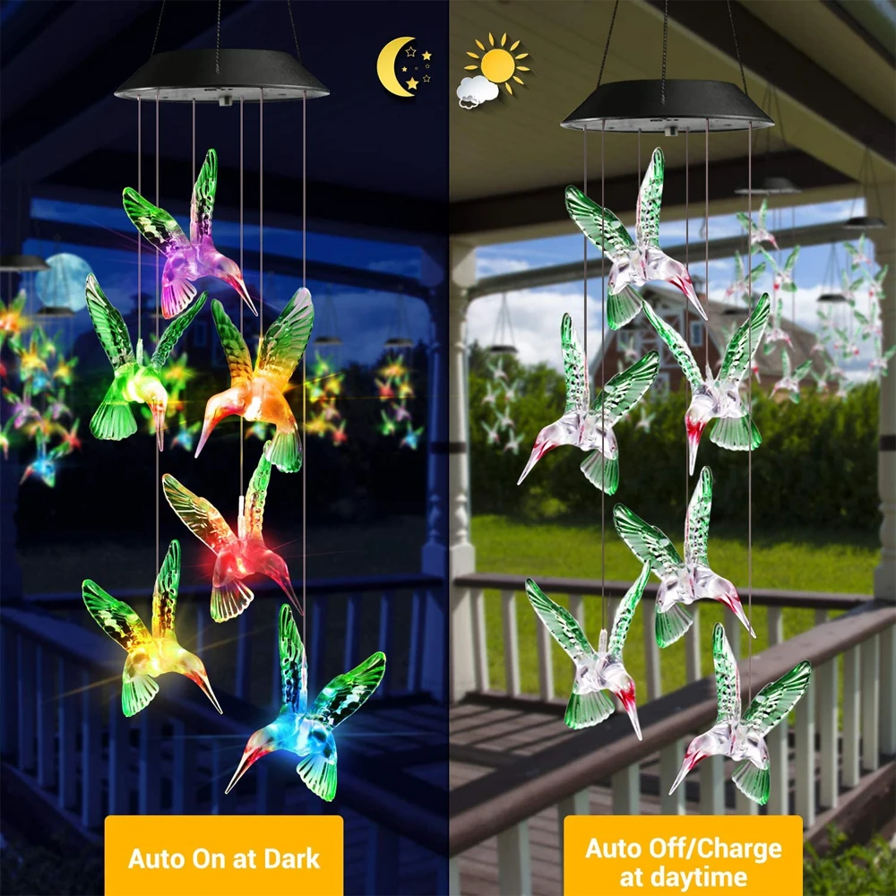 Color changing Solar Wind Chime Crystal Ball Hummingbird Wind Chime Lamp Waterproof Outdoor Use for Courtyard Garden Decoration