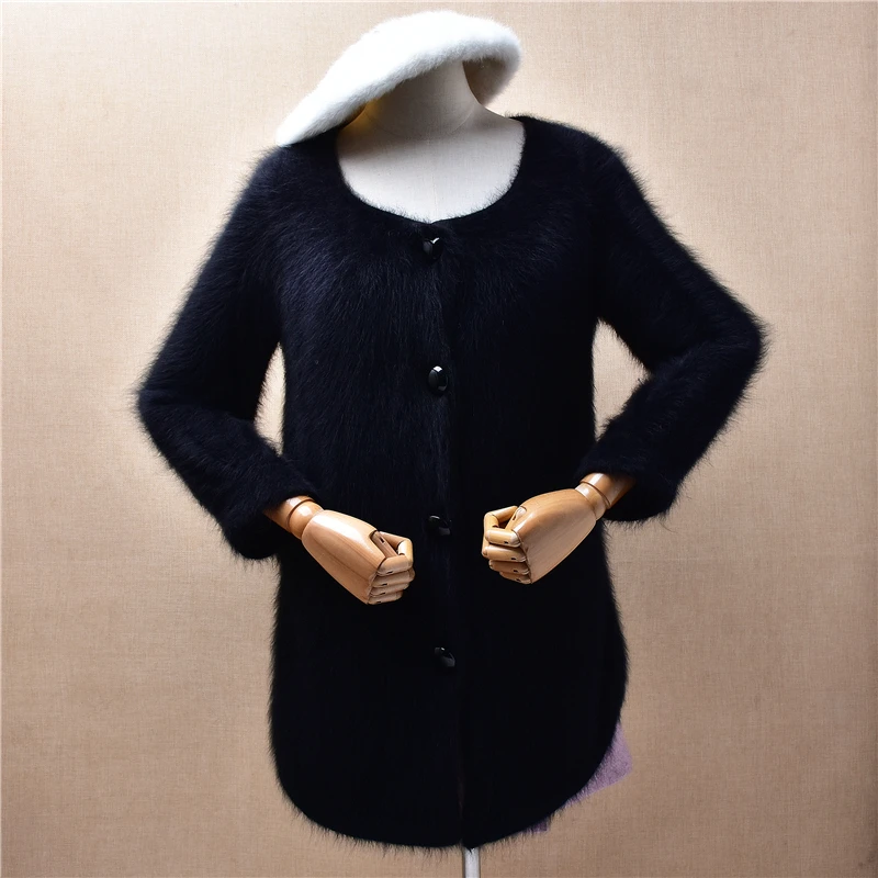 

Women Mujer Fall Winter Clothes Black Hairy Plush Mink Cashmere Knitted Long Sleeves Loose Cardigans Sweater Jakcet Coat Pull