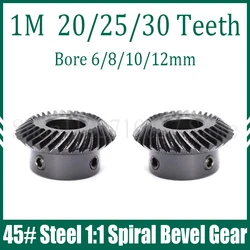 1PCS 1:1 1M Spiral Bevel Gear Set 20/25/30 Teeth No Keyway 45# Steel Left-handed/Right-handed Helical Gear Bore 6/8/10/12mm