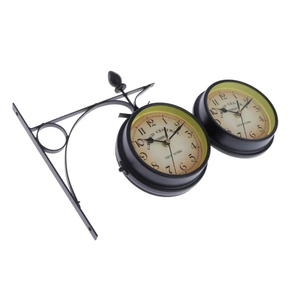 Wall Hanging Double Sided Clock Mute Movement Vintage Curling Iron Frame Outdoor Indoor Clock for Porch