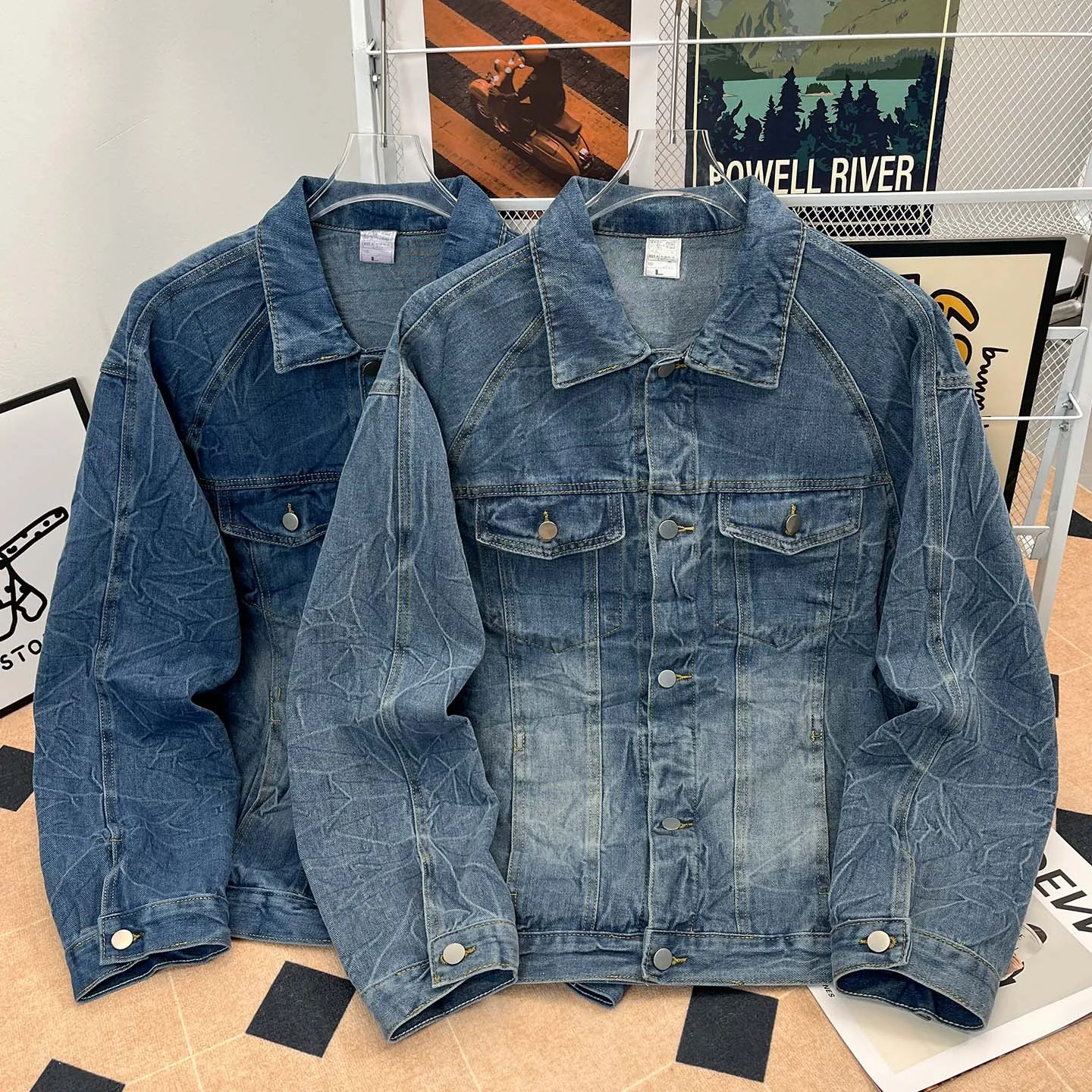 

Промытая синяя джинсовая куртка для мужчин в стиле пэчворк с карманами и лацканами, модное свободное осеннее пальто в американском стиле ретро